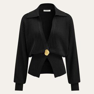 Commense Black Ribbed Collared Metal Button Cardigan NWT, Size S